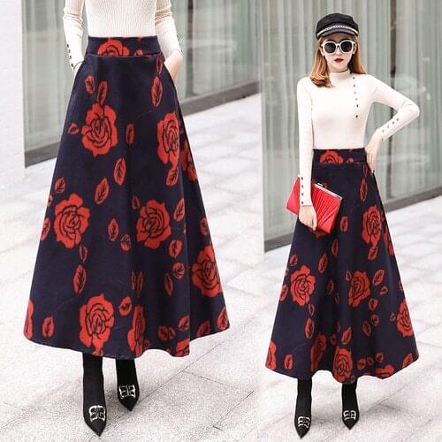TingYiLi Autumn Winter Floral Woolen Skirt Long Warm Skirts For Women Korean High Waist Vintage Big Swing A Line Skirt