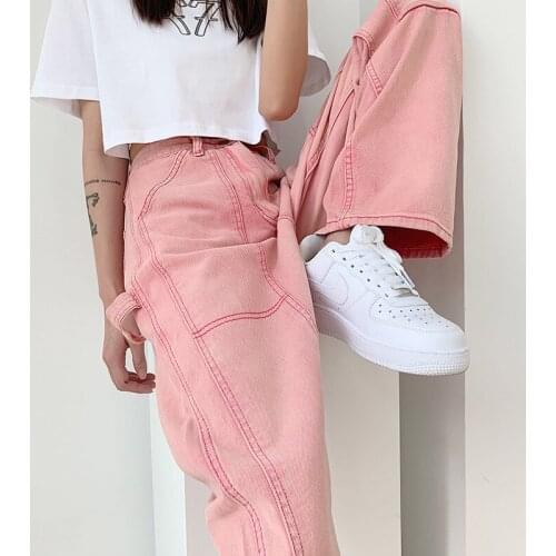 Pink Jeans Female Summer Korean Version Of Ins Retro High Waist Was Thin Loose Casual Straight Wide Leg Long Pants Y2k Style