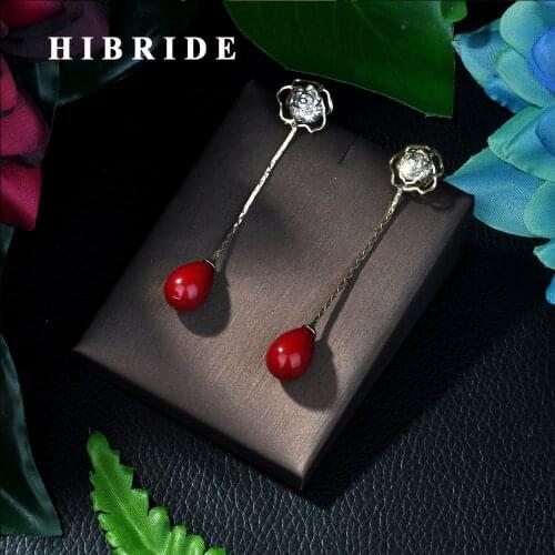HIBRIDE Fashion Jewelry Gold-Color Earrings Long Chain Red Pearl Earrings For Women E-42