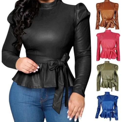 Womens OL Office PU Leather Top Long Sleeve Turtleneck Slim Sexy T-shirts