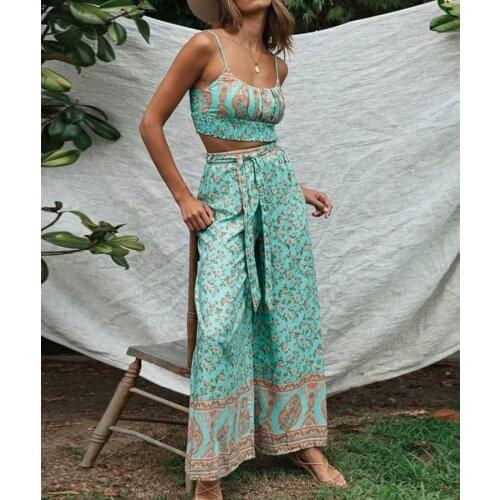 Woman Two Pieces Set boho cotton green Floral Wide-leg pants strap Crop Top Sexy Beach Vintage Casual suit Summer 2020