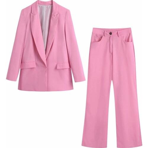 2021 Autumn Women Sets V-neck Long Sleeve Coat and High Waist Long Pants Office Lady Fall Pink Sets