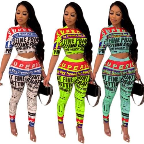 Echoine Women letter newspaper print sporty short sleeve o-neck tee pencil biker pants suit two piece set Party tracksuit outfit