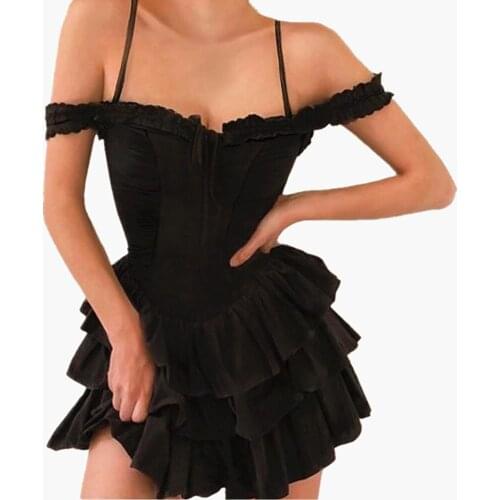 2021 Women Summer Mini Dresses Beach Holiday Strapless of Long Sling Elegant Lacing Casual Cake Dress Street Fashion Robes