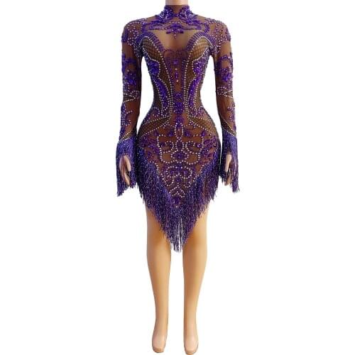 Purple Party Dresses Rhinestones Mesh Transparent Dress Birthday Evening Celebrate See Through Sexy Dance Singer Tassels Outfit