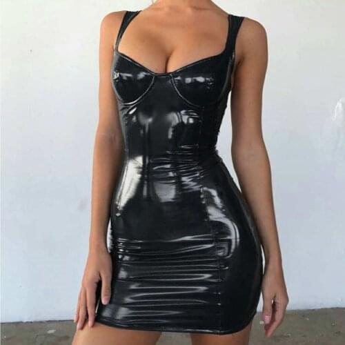 2021Sexy Backless Club Party Short Dress Women Latex Faux Leather Sleeveless BodyconMini Dress