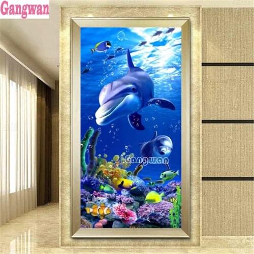 Large 5D DIY Diamond Painting Dolphin Full Drill square round Diamond Embroidery Underwater World shark Mosaic new Home Decor
