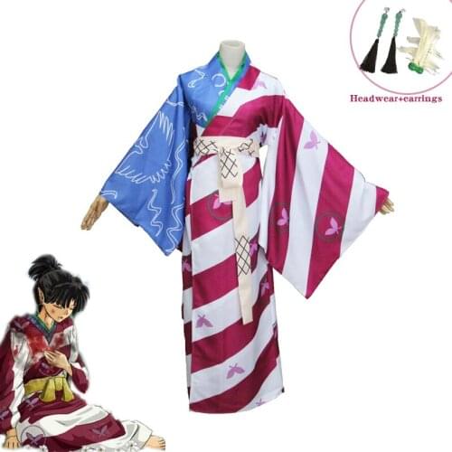 Anime InuYasha Kagura Cosplay Costumes Womens Printed Kimono+Earring+Headwear Halloween Carnival Uniforms Custom Made