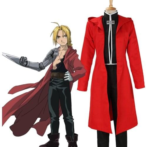 Fullmetal Alchemist Brotherhood Cosplay Edward Elric Full Set Costume Clothing Set with Red Cape Halloween Outfit