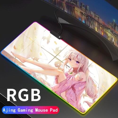 Anime Re:Zero Big Breast Girl RGB Gaming Emilia Mouse Pad Computer LED Gamer Large Rem Mause Pad USB For PC Desk Mat Support DIY