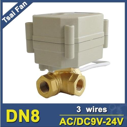 TF8-BH3-C Horizontal 3 Way T/L Type Brass 1/4'' DN8 Motor Operated Valve AC/DC9V-24V 3/7 Wires For Water Heating/Cooling