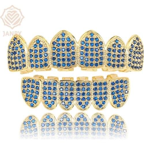 JANRY Men Teeth Grillz Hip Hop Gold Teeth Top Bottom Micro Pave CZ Stone Vampire Teeth Set Cosplay Party Body Jewelry Women Gift