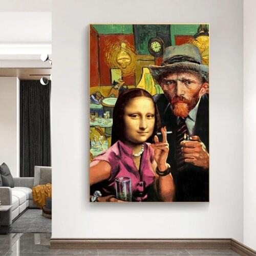 Da Vinci Canvas Painting Funny Mona Lisa and Van Gogh Smoking Posters and Prints Wall Art Picture for Living Room Decor Cuadros