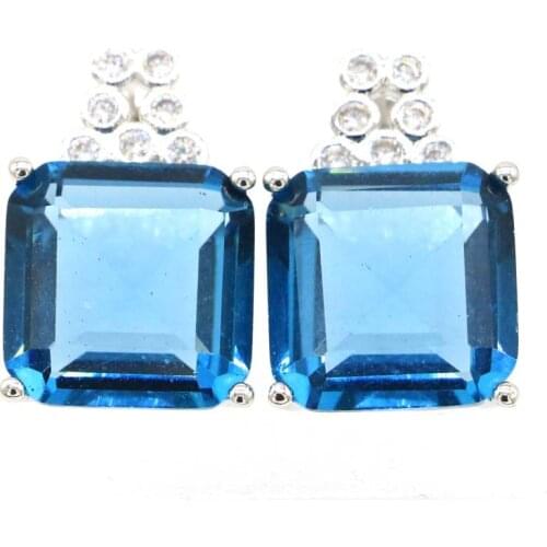 54x17mm Big European Design Jewelry Set Created Blue Aquamarine London Blue Topaz CZ For Womans Silver Pendant Earrings