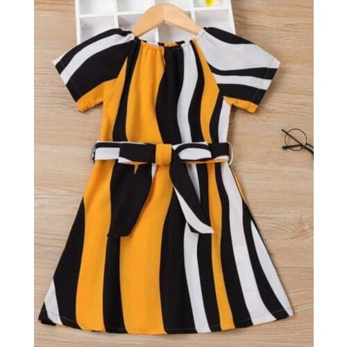 Summer Little Girls Dress, Creative Mixed Color Irregular Vertical Stripes Round Collar Short Sleeve Princess Skirt with Belt