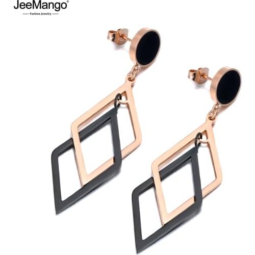 JeeMango Trendy Stainless Steel Geometric Tassel Dangle Earrings For Women Bohemia Black Acrylic Beach Jewelry Серьги JE20045