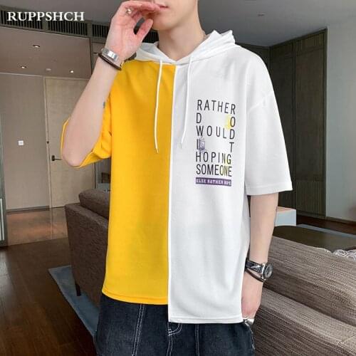 2021 Summer New Men Sports T-shirt Men Hooded Stitching Sweatshirt High Quality Letter Printing Oversized T-shirt Men Top