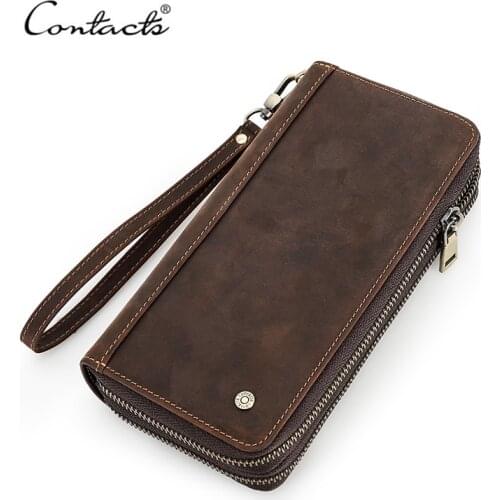 ContactS Genuine Leather Wallet Men Long Card Holder Mens Wallet Clutch Large Capacity Vintage Male Purse Double Zipper
