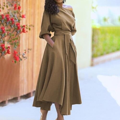 New Lady Elegant Party Dress Oblique Shoulder Comfortable Lace-up Solid Color Tie Waist Belt Dress for Work vestidos Streetwear