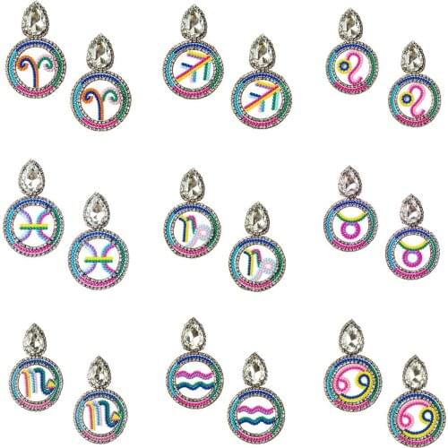 New trendy bohemian 12 constellations handmade water drop design rhinestone crystal hanging dangle drop earrings for women gift