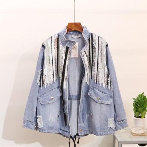 Autumn new Sequins Denim Jacket Women Bomber Jacket Fashion Long Sleeves Coats Vintage Hippie Jeans Jacket Colete Feminino R832