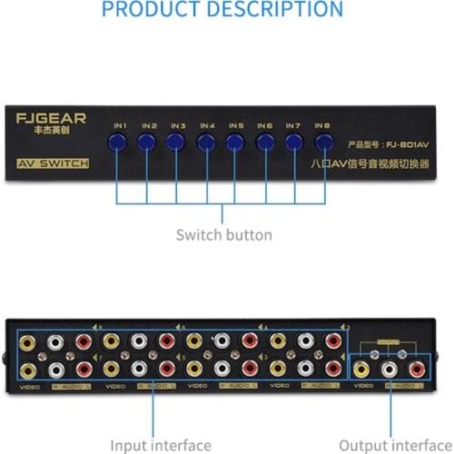 AV Switch Box 2/4/8 in 1 out AV Audio Video Signal Composite for HDTV LCD DVD 3 RCA Switcher 8 to 1 Selector not Splitter