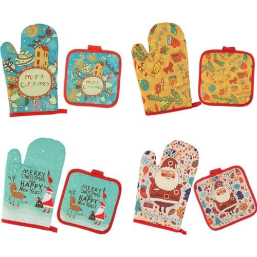 2pcs/set Christmas Baking Anti-Hot Gloves Oven Microwave Insulation Mat Xmas Supply Mitts and Potholder mat For BBQ Home Kitchen