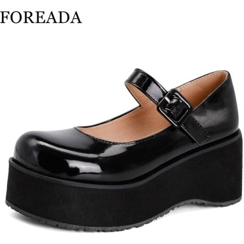 FOREADA Mary Janes Shoes Kawaii Princess Patent Leather Platform Shoes High Heel Round Toe Wedges Heel Buckle Footwear Female 46