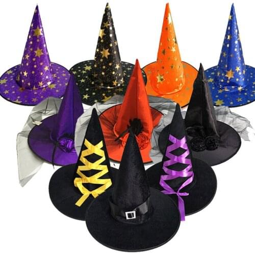 Halloween Decorations Spire Pentagram Net Yarn Hat Adult Childrens Day Dance Dress up Supplies Wizard Witch Hats YK98