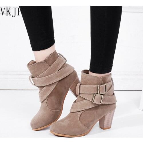 Europe Style Vintage Women High Heels Ankle Boots Buckle Rubber Casual Ladies Shoes Martin Boots Female Chelsea Boots