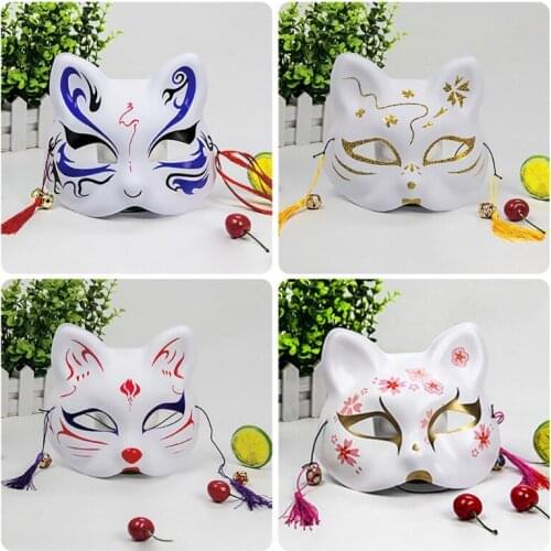 Japanese Animal Cat Half Face Mask with Tassels Small Bells Hand-Painted Cosplay Anime Party Costume Masquerade Festival Facny