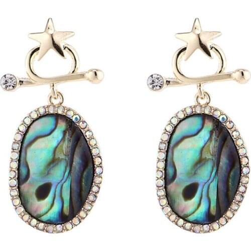 Light Yellow Gold Color Oval Shape Abalone Shell Stud Earrings with Rhinestone Lucky Star Ethnic Style Jewelry