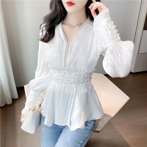 Women T-shirt Long-Sleeve 2021 New Arrival Spring And Autumn Retro V-neck Chiffon Slim Female T-shirt Western Style White c79