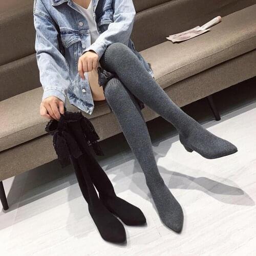 Autumn Women Over The Knee Boots Pointed Toe Fashion Lace Boots Casual Mid Flats Heeled Black Gray Thick Heels Knight Boots