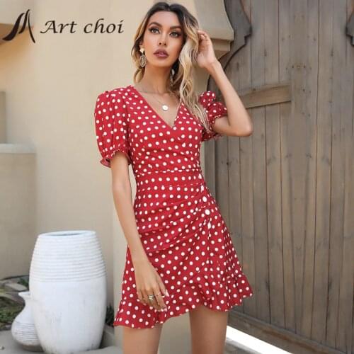 Women Chiffon Dresses Summer Sexy V Neck Floral Print Boho Beach Dress Dot Ruffle Puff Sleeve A Line Mini Dress Wrap Sundress