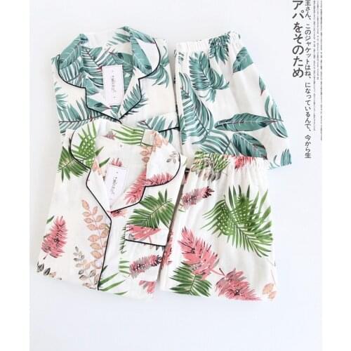 Green Palm Leaf Print Revere Collar Pajama Set Summer Casual Sleepwear Women Elastic Waist Sleepwear with Botton 2 Pieces Sets