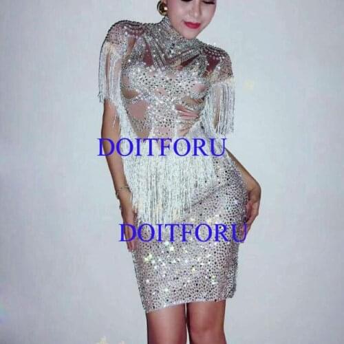 Sparkly Crystals Big Stretch Dress Womens Evening Party Wear Full Rhinestones Tassel Dress Prom Birthday Celebrate Outfit