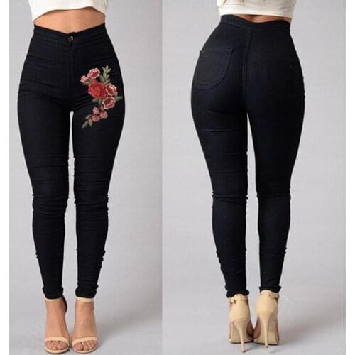 Embroidery Flower Pants Womens High Waist Stretch Pencil Pants Skinny Spring Autumn Casual Pencil Pants Woman Clothing
