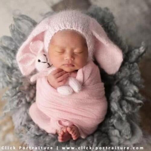 Baby Pink Newborn Bunny Hat Bunny Toy Set Props Handmade Pink Bonnet Angora Bonnet Rabbit Doll Photography Props