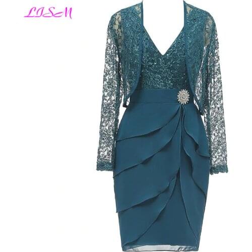 Elegant V-Neck Glitter Lace Mother of the Bride Dress with Jacket Applique Knee Length Chiffon Formal Evening Dress Mother Gowns