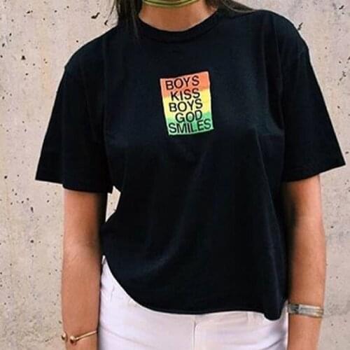 Hahayule 1pcs Cool Harajuku Tee Boys Kiss Boys God Smiles Letter Print Women T-Shirt Rainbow Pattern Loose Tumblr Top Tee