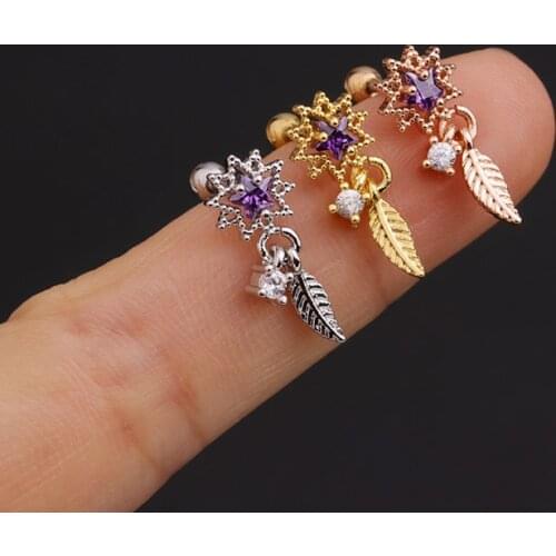 1 PCS Cute Sweet Small Purple Star Zircon Leaf Shape Earring for Women Trendy Round Ball Ear Cartilage Stud Cuff Jewelry