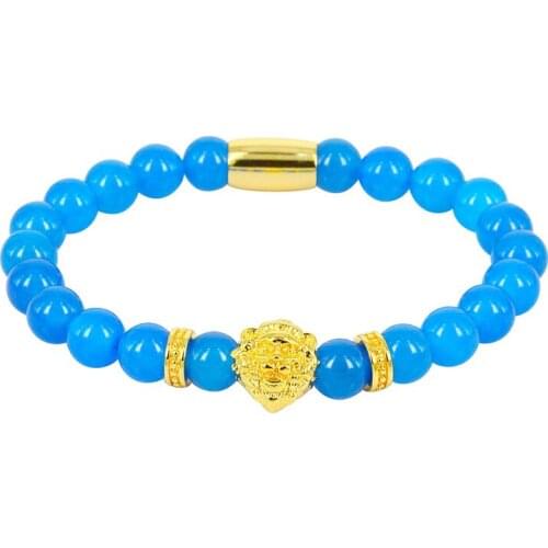 Classic Lucky Gem 8mm Natural Stone Bead Bracelet Men Sky Blue Stone Lion Charm Bracelet Mantra Prayer Lion Buddha Bracelet