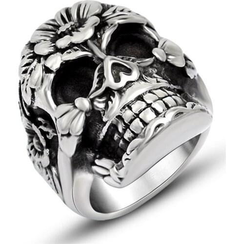 Classic Mens Ring Jewelry Vintage Embossed Flower Stainless Steel Ring Mens Punk Rock Retro Gothic Biker Ring For Male Gift