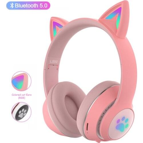 Flashing LED Cute Cat Ears Headphones Bluetooth-compatible Wireless Headset With Mic Kid Girl Stereo Music Earbud Phone Earphone