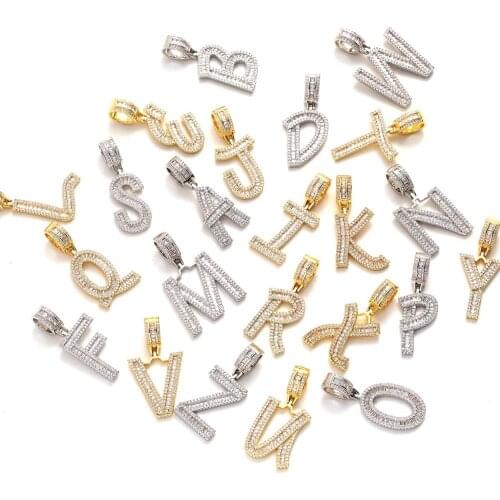 Fashion Jewelry Gold Color Baguette Letter Pendant Necklace English Initial Letters Iced Out Cubic Zriconia Hiphop Jewelry