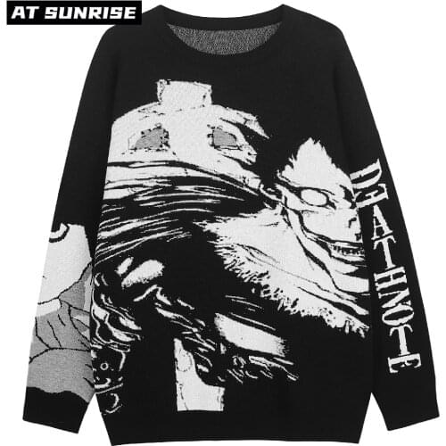 Mens Hip Hop Streetwear Harajuku Sweater Vintage Retro Japanese Style Anime Death Note Knitted Sweater Autumn Cotton Pullover