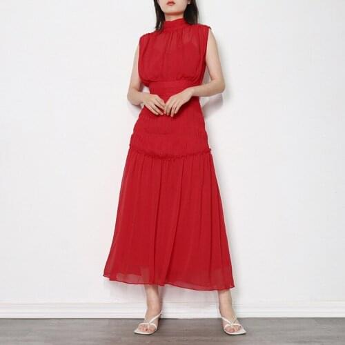 New Fashion Autumn Red Color Party Long Dresses Stand Neck Open Back Good Quality Mesh Lady Holiday Dress Formal Clothes