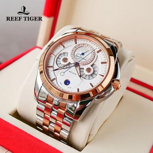Reef Tiger/RT Top Brand Luxury Rose Gold Watches Mens Muti-Functional Dial Quartz Watches with Calendar Moon Phase