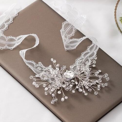 Crystal Ribbon Headpiece Silver Color Pearl Tiaras Wedding Bridal Headdress Women Long Hair Accessories Girl Hairbands Party